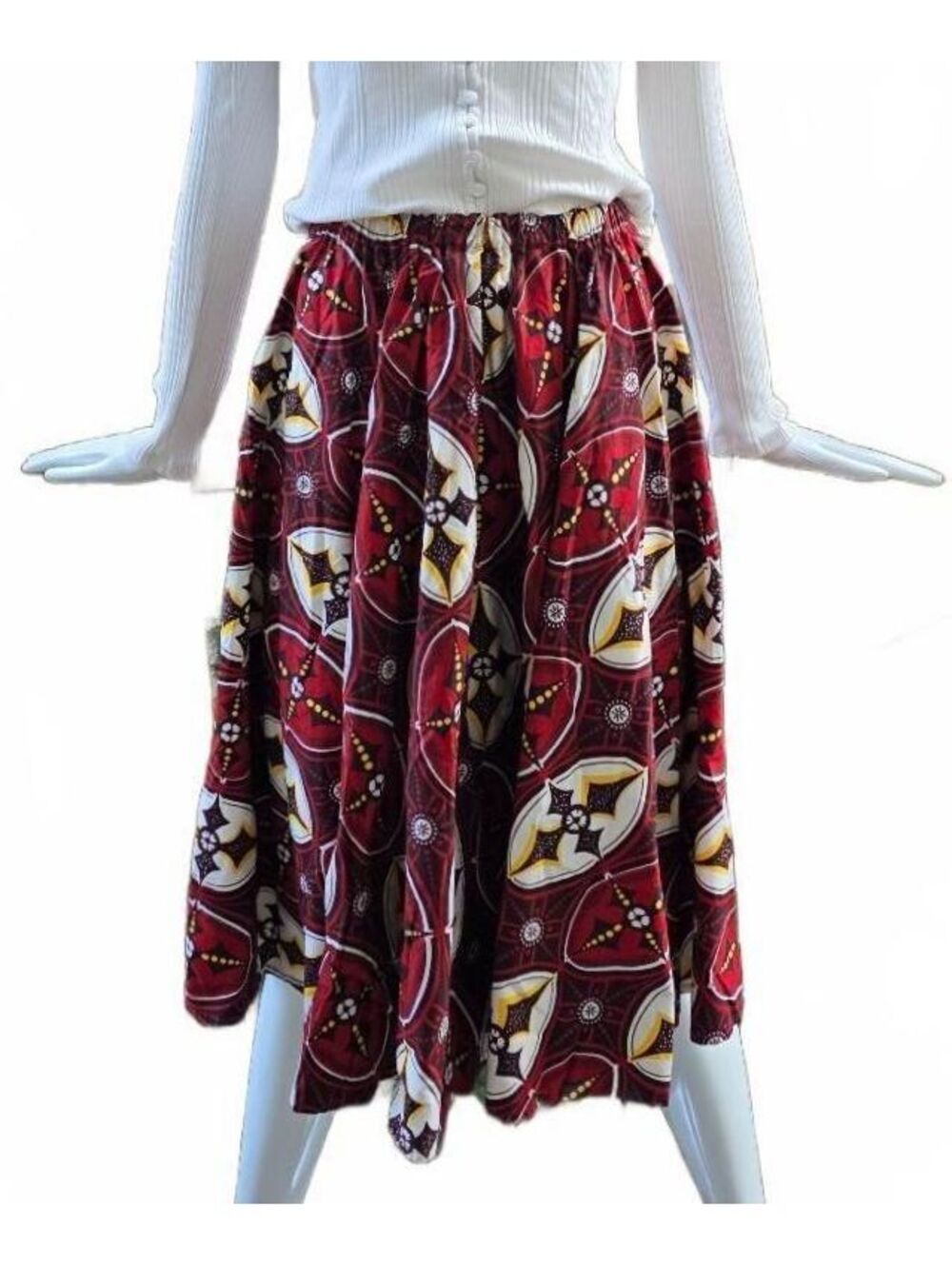 Jasco Veritable Wax Block Print Elastic Waist Skirt Pockets Red Masai Sm